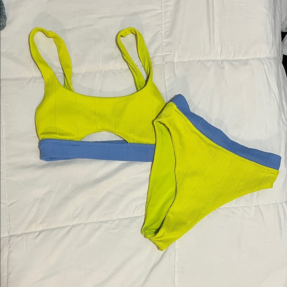 aerie Neon Yellow Bikini with Periwinkle Trim